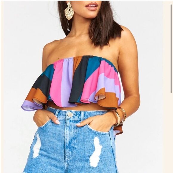 Show Me Your MuMu Tops - Show Me Your Mumu Mezcal Stripe Heidi Ruffle Crop Top Blouse Shirt Pink  XS